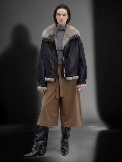 Women’s Reversible Suede Jacket with Raccoon Fur Collar | Short Winter Biker Coat