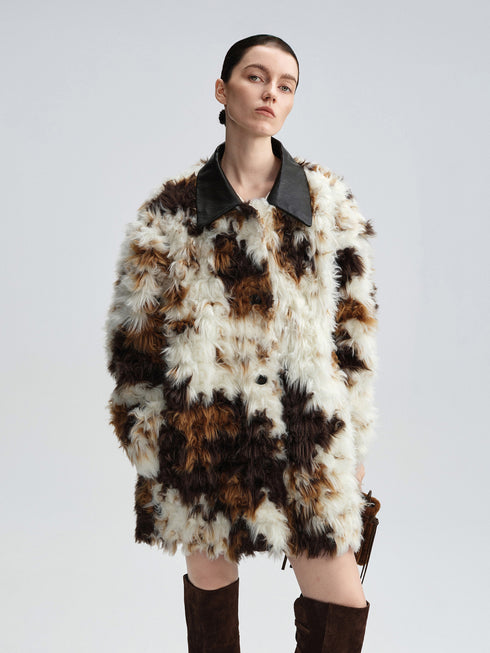 Cow-Pattern Faux Fur Coat for Women – Winter Colorblock Eco-Friendly Fur Jacket with Contrast Collar