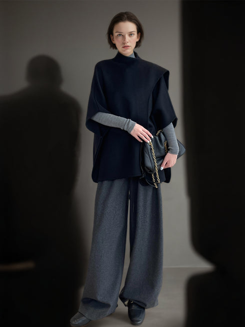 Tencel Wool Double-Faced Shawl Cape Coat for Women | Asymmetric Art-Inspired Deconstructed Design