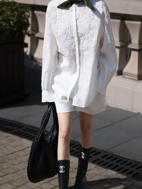 Early Autumn Minimalist Blouse – Round Neck with Heavy Beaded Embroidery