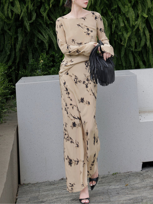 Autumn Silk Set – Luxury Printed Mulberry Top and Skirt Outfit