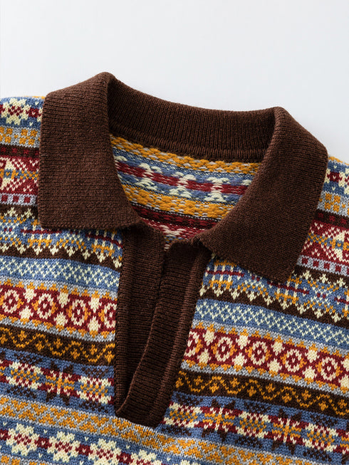 Fair Isle Jacquard Knit Vest for Women – French Vintage Scissor V-Neck Geometric Sweater Top