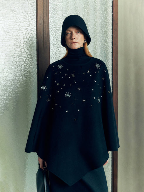 French Elegant Wool Cape Coat – New Winter Woolen Jacket with 3D Snowflake Beading