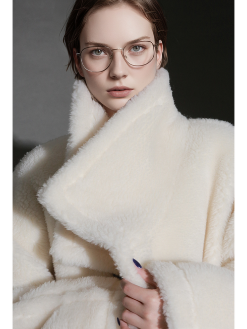 Luxury Teddy Wool Coat for Women – Double-Faced Wool Overcoat with Oversized Lapel, Warm Fuzzy Winter Jacket