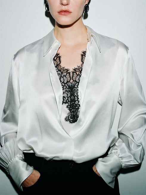 Elegant 22MM Silk Crepe de Chine Shirt – Draped Lace Spliced Faux Two-Piece Design