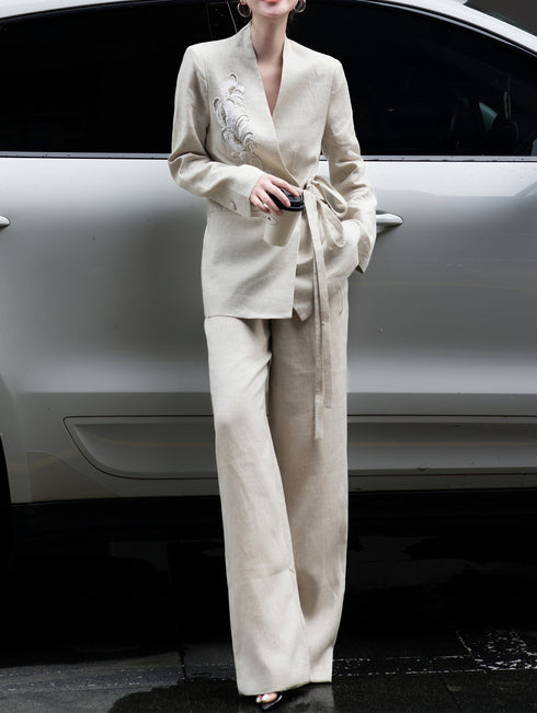 Haute Couture Linen Embroidered Tie-Waist Suit – Women’s Autumn Professional Two-Piece Set