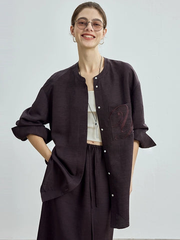 Minimalist Style Early Autumn Embroidered Stand Collar Shirt & Skirt Set (Sold Separately)