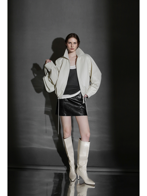 Women’s Short Moto Leather Jacket with Small Notch Collar and Cinched Hem – Spring/Fall Leather Biker Jacket