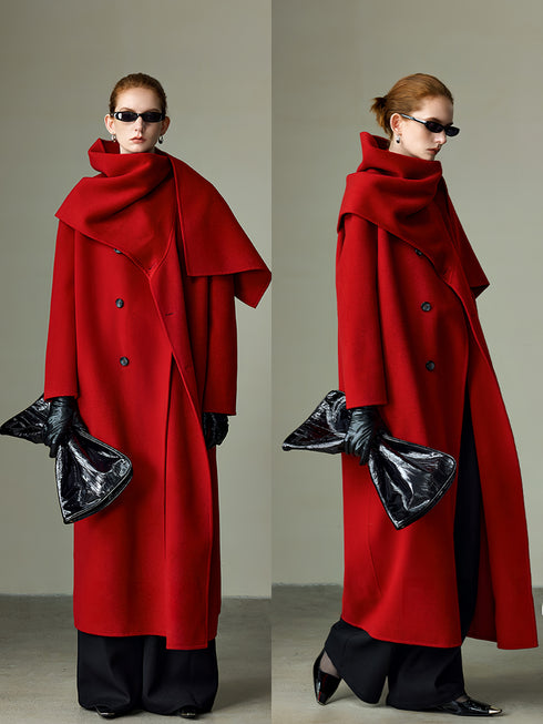 Cape-Style Christmas Red Double-Faced Wool Coat for Women – Elegant Long Scarf-Collar Woolen Overcoat