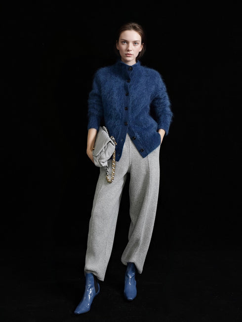 Premium Brushed Cashmere 100% Stand-Collar Button Cardigan for Women