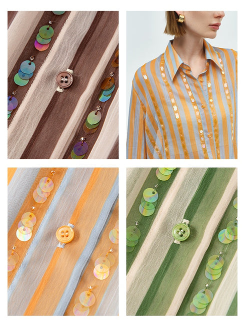 Ultra-Light 75D Chiffon Sequin-Striped Shirt & Skirt Set | Chic Work-to-Vacation Women's Outfit