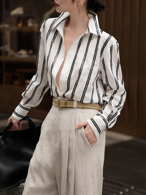 Sequin Embroidered Striped Shirt & Imported Dew Linen Silver Thread Pants Set – Elegant Two-Piece Set for Women
