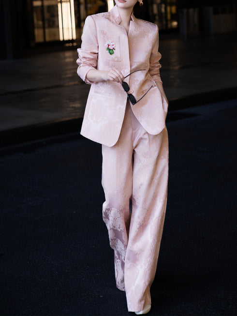 High-End Retro Jacquard Beaded Suit – Wide-Leg Pants Two-Piece Set