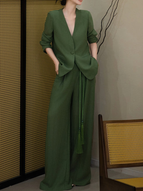 Linen Two-Piece Set – Relaxed Suit Jacket & Wide-Leg Trousers