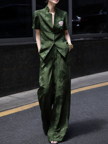 Retro Jacquard Short-Sleeve Shirt + Wide-Leg Pants Professional Two-Piece Set