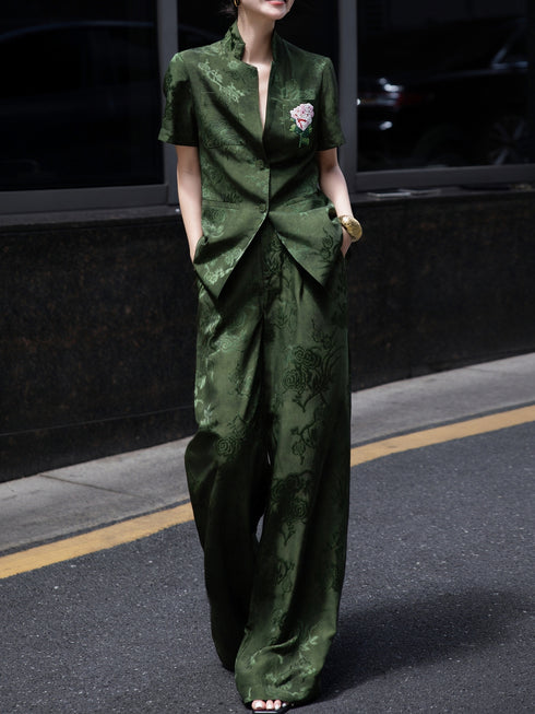 Retro Jacquard Short-Sleeve Shirt + Wide-Leg Pants Professional Two-Piece Set