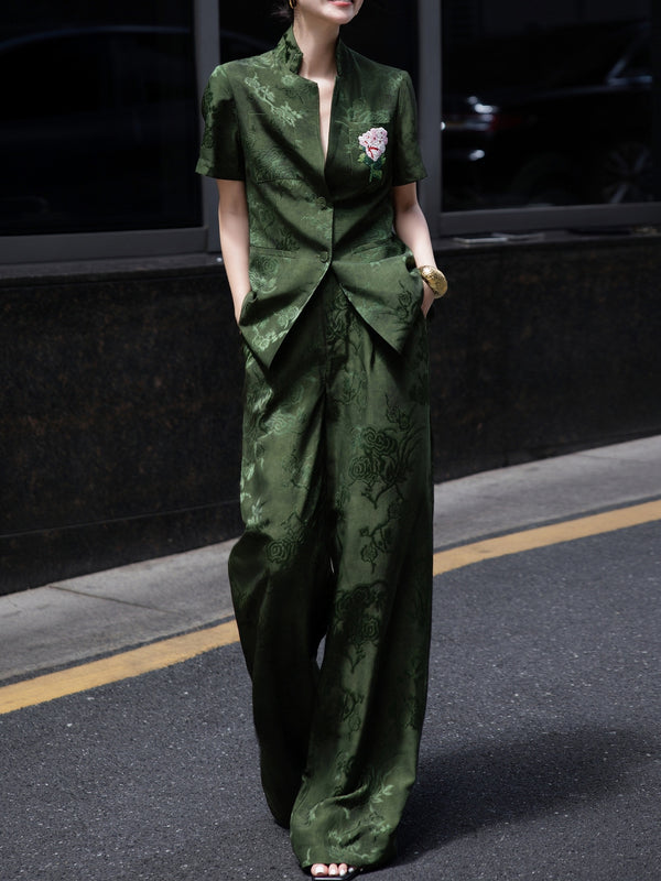 Retro Jacquard Short-Sleeve Shirt + Wide-Leg Pants Professional Two-Piece Set