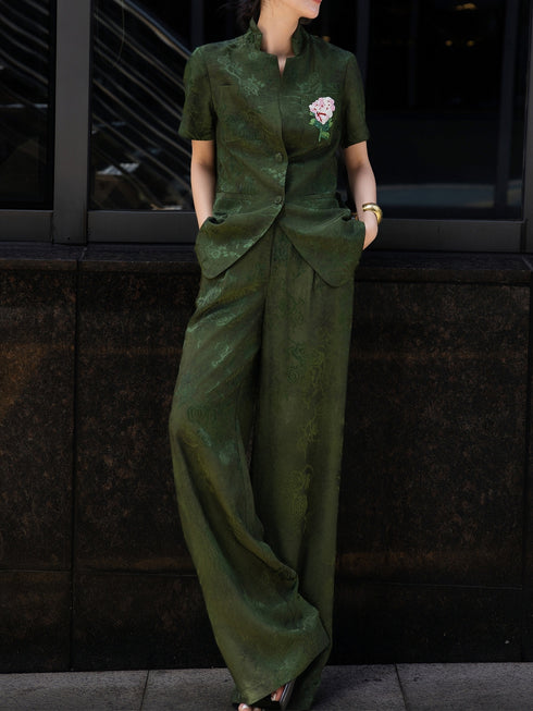 Retro Jacquard Short-Sleeve Shirt + Wide-Leg Pants Professional Two-Piece Set