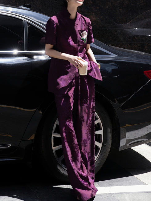 Retro Jacquard Short-Sleeve Shirt + Wide-Leg Pants Professional Two-Piece Set