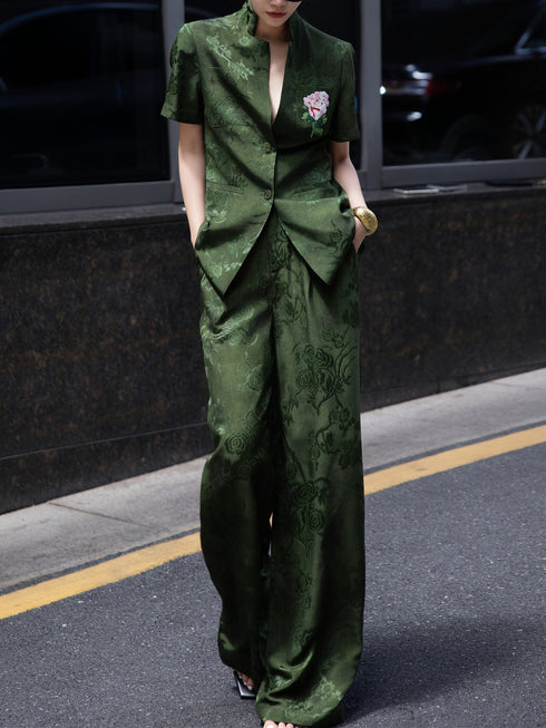 Retro Jacquard Short-Sleeve Shirt + Wide-Leg Pants Professional Two-Piece Set