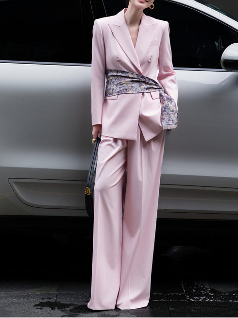 Autumn Designer Wide-Leg Suit – Adjustable Tie-Waist Professional Set with Complimentary Scarf