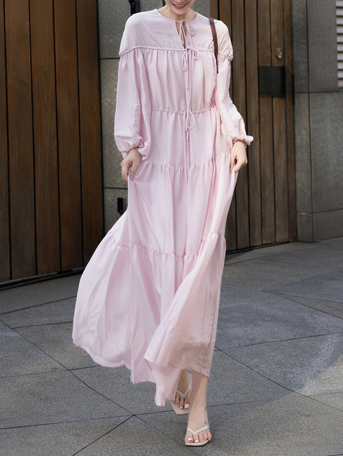 Autumn French Vacation Dress – Pink Drawstring Tie Waist & Lantern Sleeves