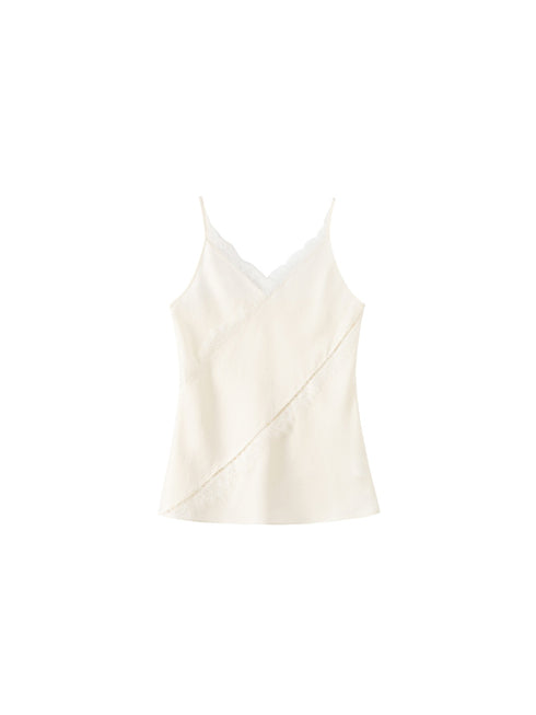 Smooth Satin Weave French Lace Trim Asymmetric Cut Cami Top / Skirt Set