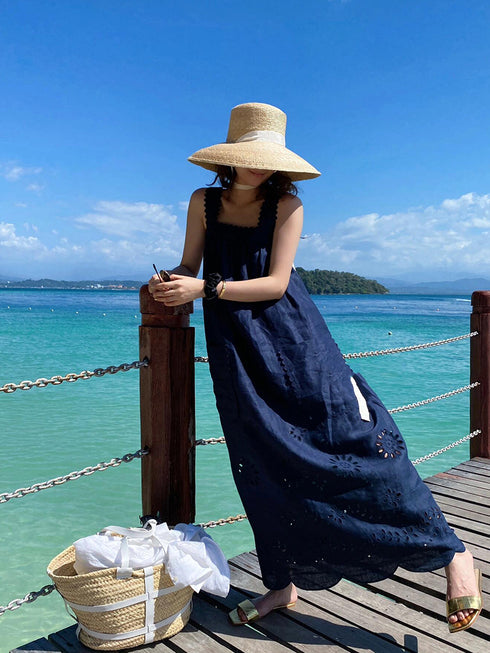 Navy Blue Spaghetti Strap Long Dress for Women – Summer Beach Vacation Style, Hollow Embroidered, High-End Sexy Look