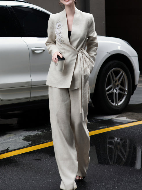 Haute Couture Linen Embroidered Tie-Waist Suit – Women’s Autumn Professional Two-Piece Set