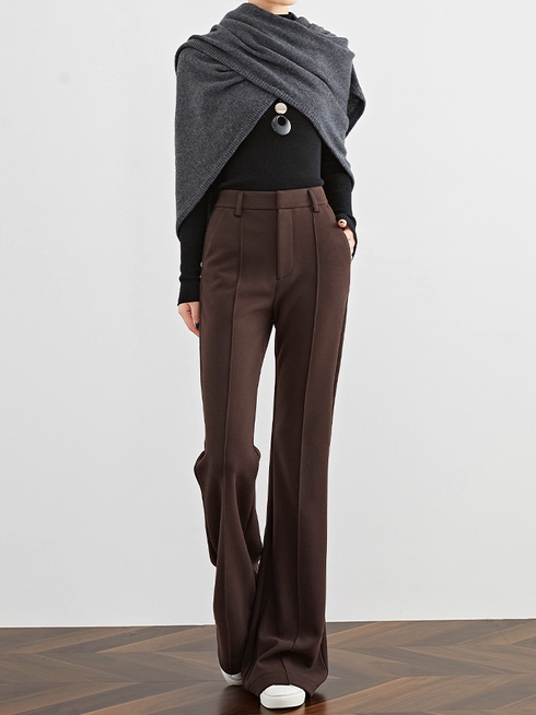 【Supermodel Leg Shape】Women's Coffee Brown Wool Flared Trousers – High-Waist Thick Autumn/Winter Slim Fit Pants
