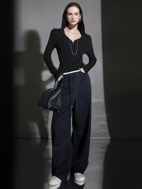 Wool Blend Drawstring Wide-Leg Pants – Color Block Casual Trousers for Women, Trendy Relaxed Fit Banana Pants for Autumn/Winter