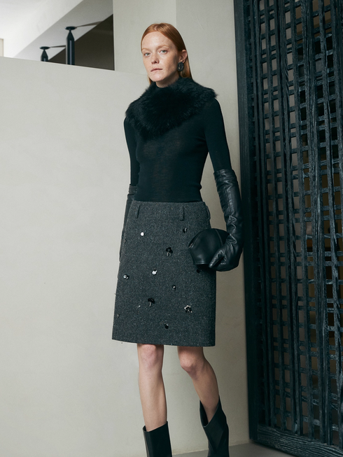 Australian Wool Blend Beaded Pencil Skirt – Hand-Embellished, Custom-Dyed Brown Woolen Midi Skirt