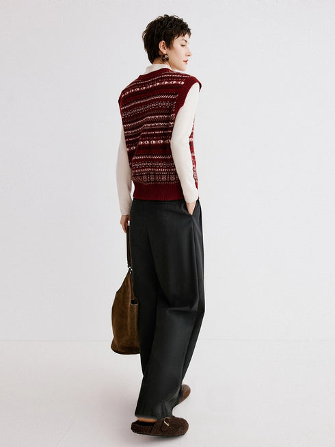 Fair Isle Layered Vest – Stylish V-Neck Jacquard Knit Cardigan for Women, Fall/Winter Sweater