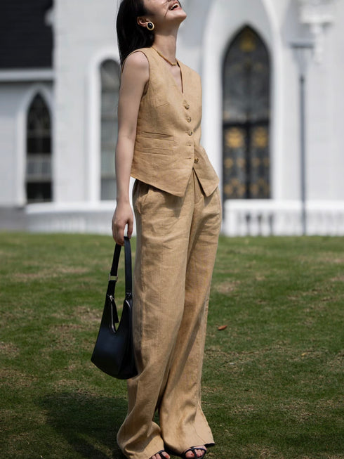 Women’s Summer Linen Two-Piece Set – Minimalist Vest & Wide-Leg Pants, Elegant Commuter Style
