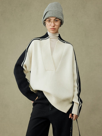 Black & White Color-Block V-Neck Wool Sweater | Oversized Relaxed Fit | Cozy Winter Knit for Women