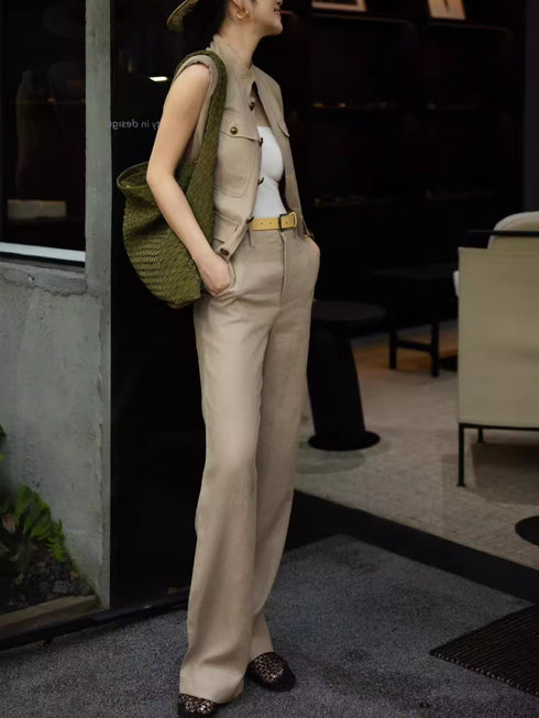 Linen Vest + Wide-Leg Pants Old Money Style Two-Piece Set