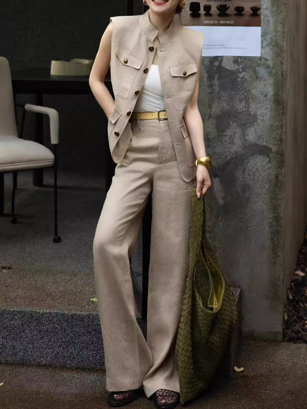 Linen Vest + Wide-Leg Pants Old Money Style Two-Piece Set
