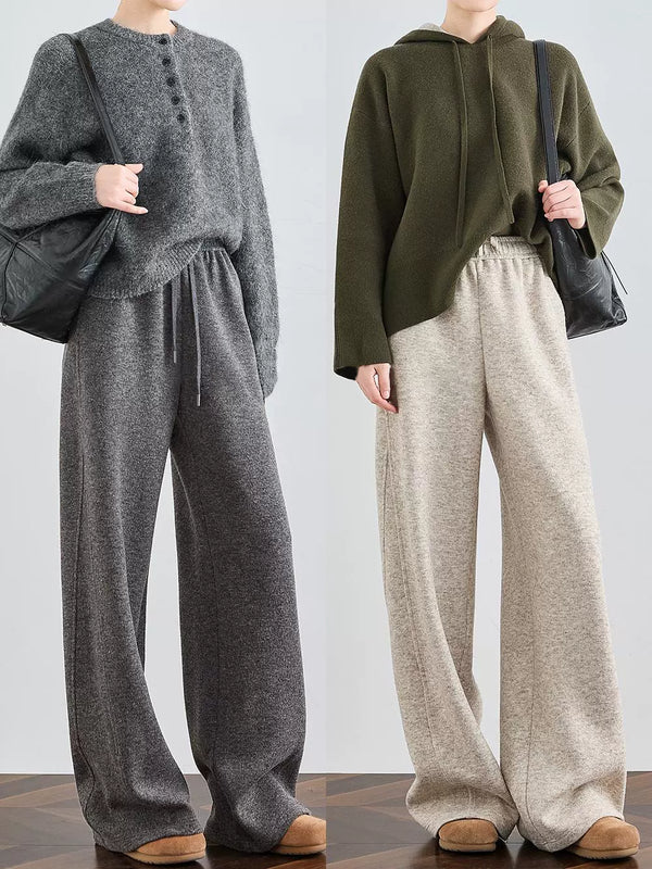 Women's Wool Wide-Leg Sweatpants – Thick Fall/Winter Gray Casual Lounge Joggers with Draped Fit