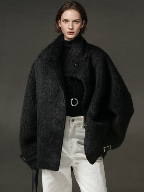 Alpaca Wool Biker Jacket for Women – Stand Collar Suoli Alpaca Coat with Luxe Textured Finish, Winter Chic Outerwear