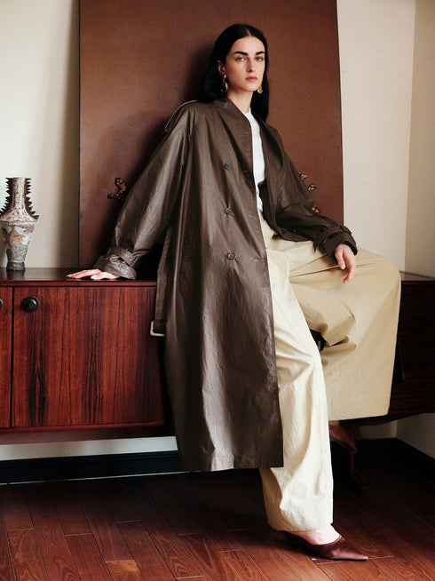 Minimalist Plaid Trench Coat – Lightweight Oil-Wax Cotton Coated Poplin Structured Outerwear