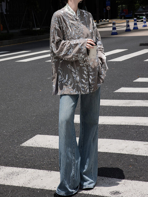 Luxury Silk Velvet Cardigan – Heavy Sequin Embellished, Mandarin Collar, Relaxed Fit