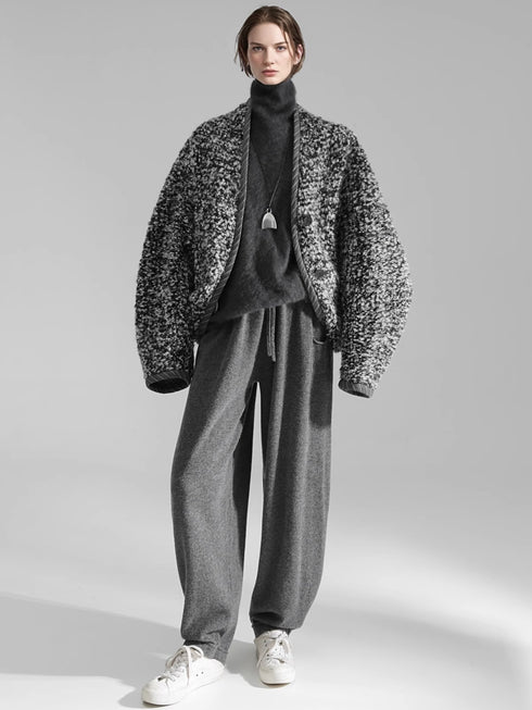 Old Money Style Batwing Sleeve Cardigan Coat for Women – Double-Faced Alpaca Wool Cape with Leather Trim and Speckled Dot Detail