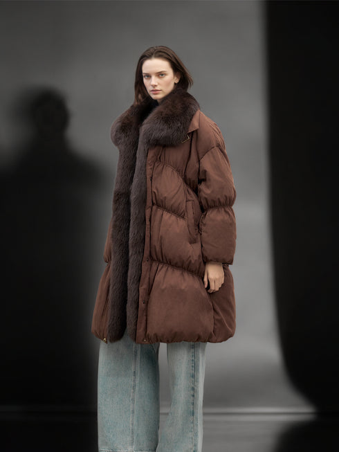 Women’s Mid-Length Down Coat with Fox Fur Hood | 90% White Goose Down Winter Jacket
