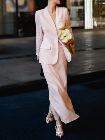 Casual Professional Set – Autumn Pink Linen Blazer & Skirt Two-Piece
