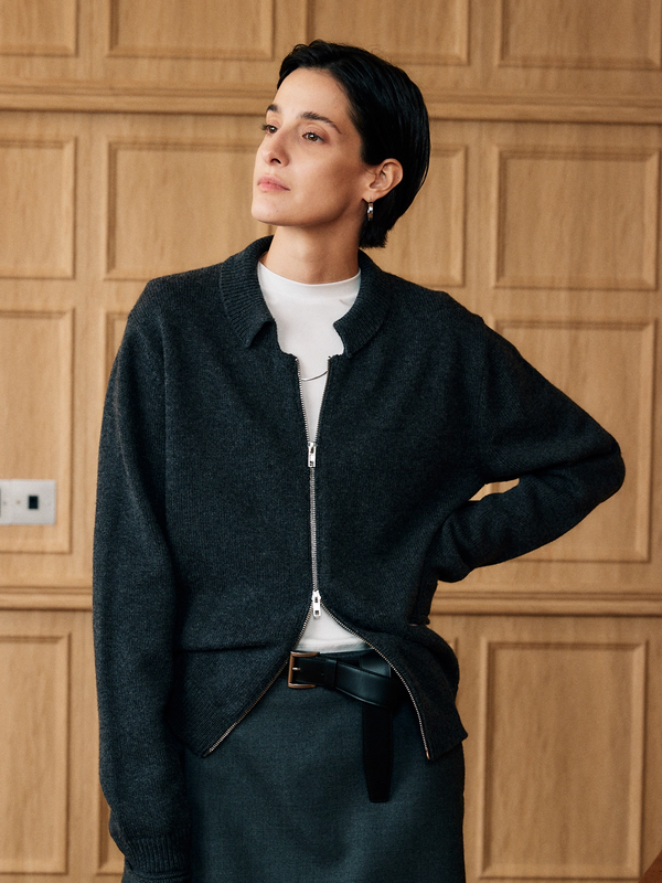 Women’s Heavyweight Australian Superfine Merino Double-Layer Knit Cardigan | Vintage Scallop Collar, Two-Way Zipper & Rolled Hem