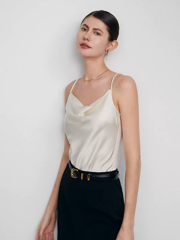 Women's Silky Soft Vanilla White Satin Cowl-Neck Silk Camisole – Elegant Minimalist Slip Top