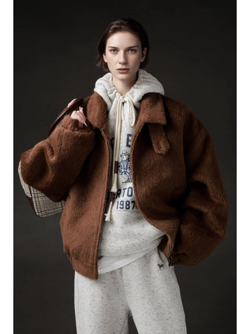 Vintage Harrington Jacket for Women – Luxury Suri Alpaca Wool Coat with Soft Textured Finish