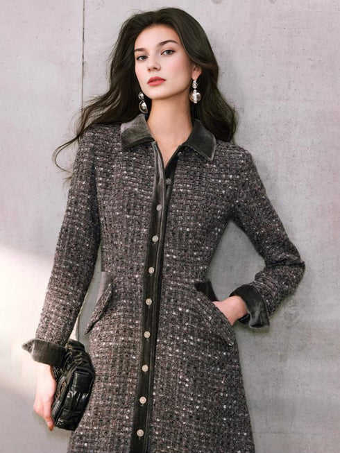 Shiny Wool Tweed Mid-Length Dress for Office & Party – Elegant Chic Women's Outfit