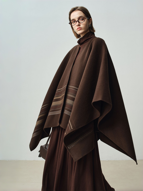 Women's Chestnut Brown Embroidered Minimalist Wool Double-Faced Cashmere Cape Coat – One-Piece Design