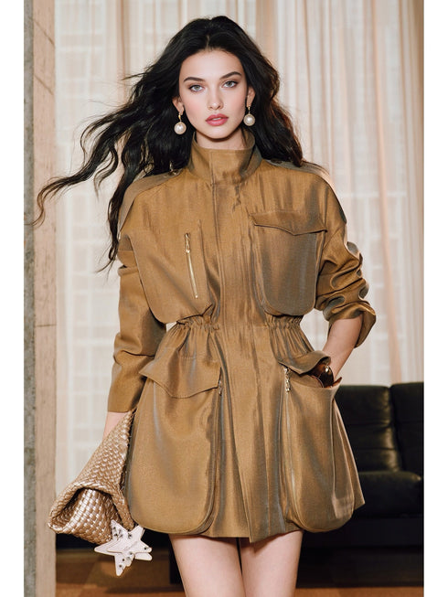 Lustrous Silk Brocade Coat – Stand Collar, Waist-Cinching with Structural Pockets